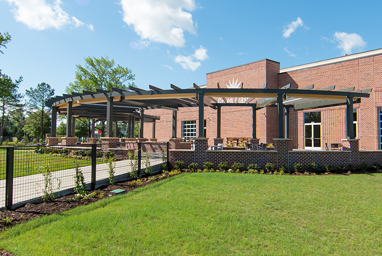 pergola with canopies green flash brewing outdoor seating area