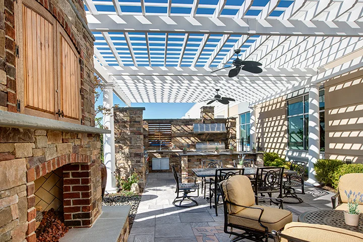 Featured image for “Fretz Corporation – Outdoor Showroom with Low Maintenance Trex Pergola Kit in Philadelphia”Project Overview: Beechwood Landscape, Architecture and Construction worked closely with Fretz Corporation on a time sensitive project. They wanted to create an exterior living space12707:full