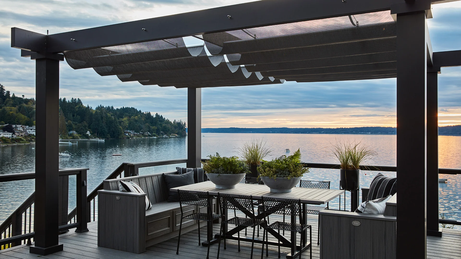 Waterfront Trex Pergola with retractable shade canopies HGTV Dream Home 2018