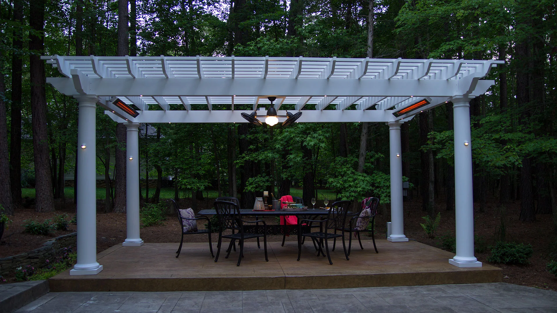 A pergola kit with fans and heating system. 