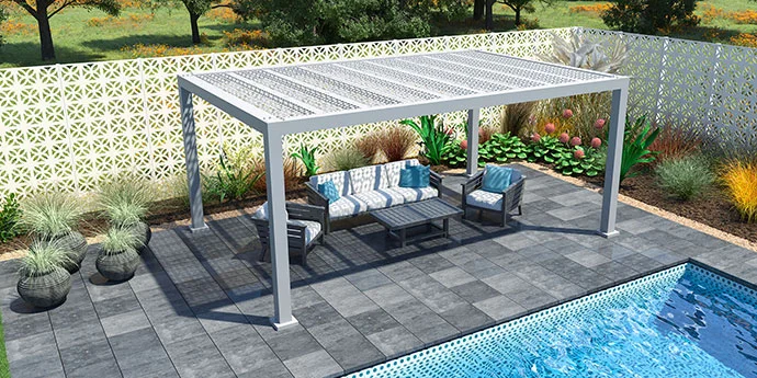Trex Pergola Shadow aluminum pergola with shade panels poolside