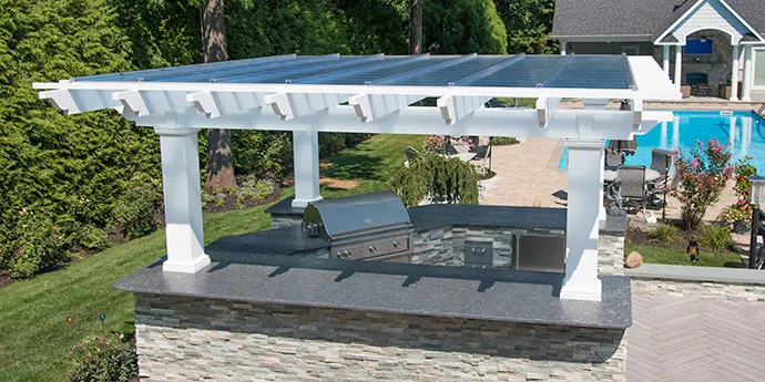 Fiberglass pergola with polycarbonate roof by Structureworks
