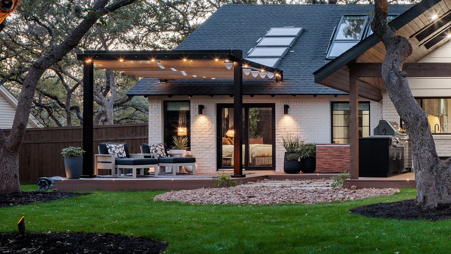The attached Trex Pergola with retractable canopy attached to the HGTV Smart Home 2025.